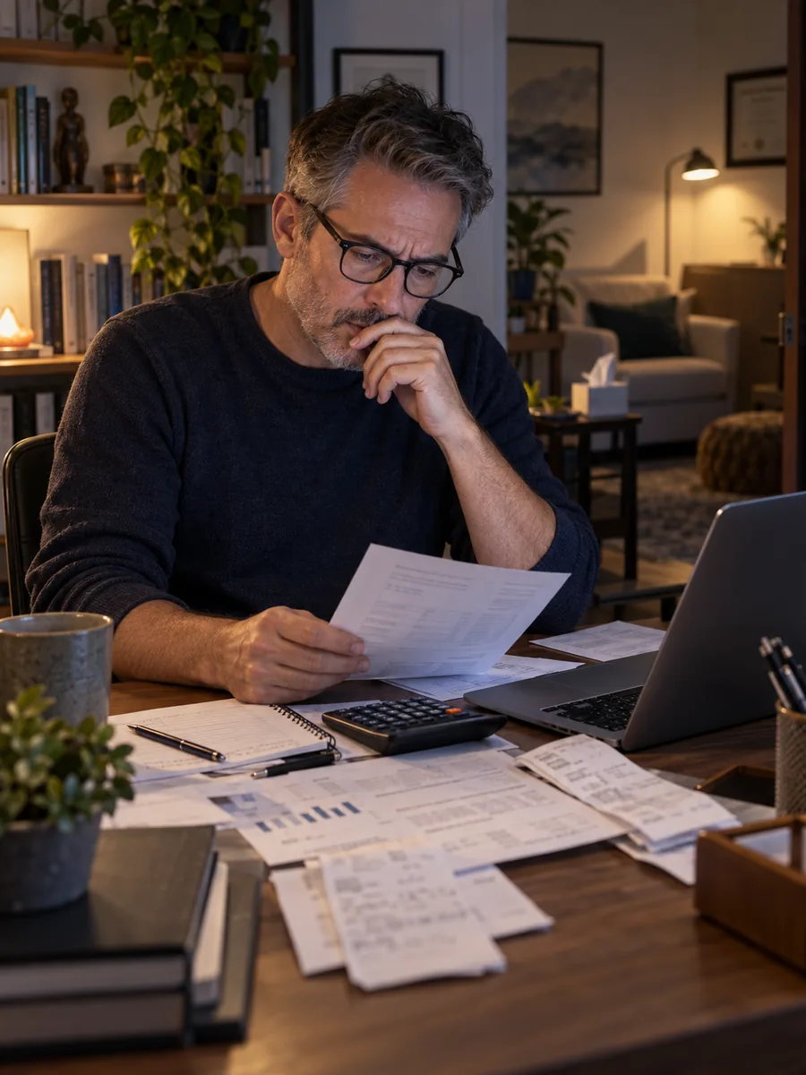 Male practitioner reviewing paperwork and figures at a desk