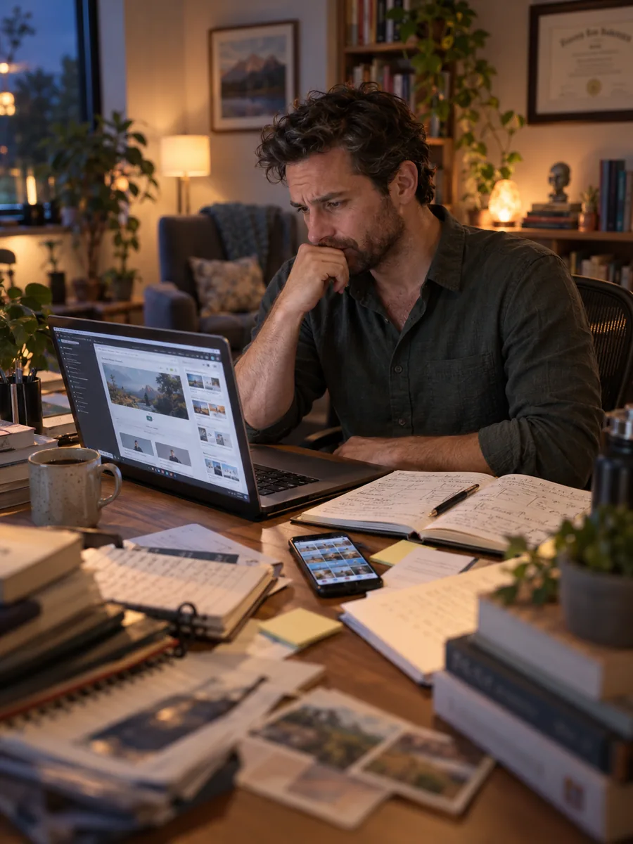 Male practitioner working late on website and marketing tasks