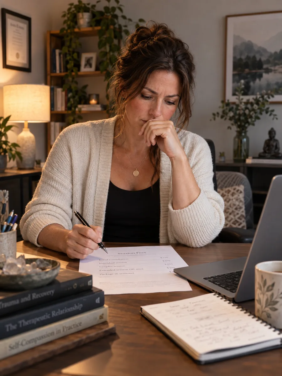 Female practitioner reviewing pricing and session fees