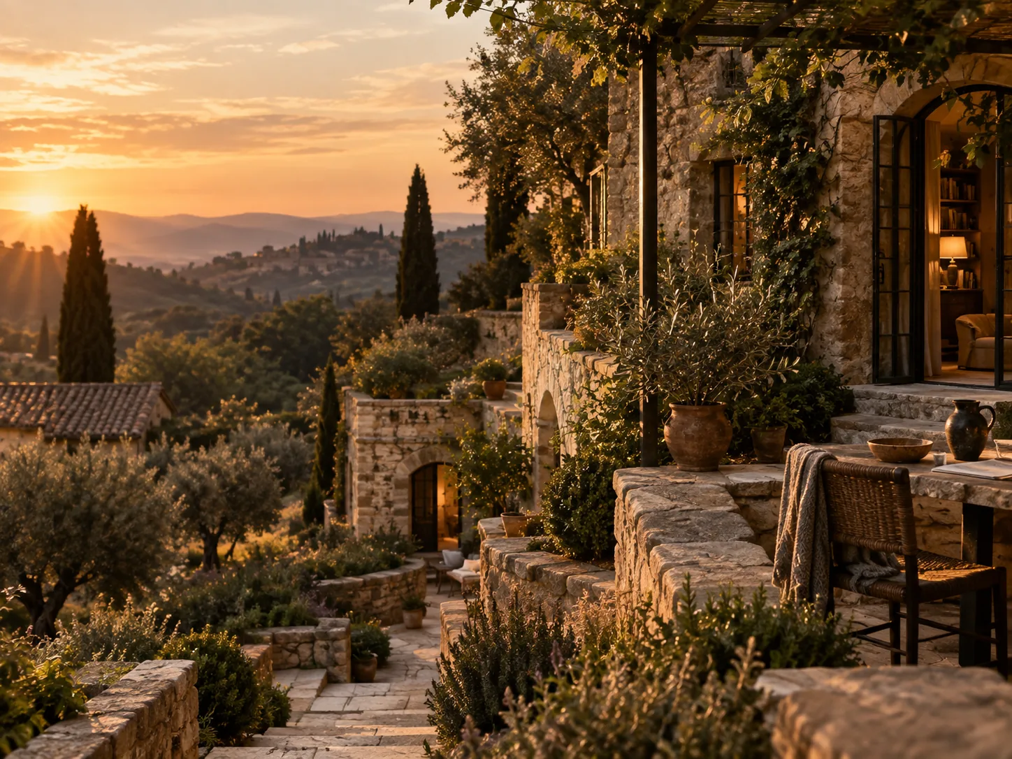 Stone house built across different levels and pathways