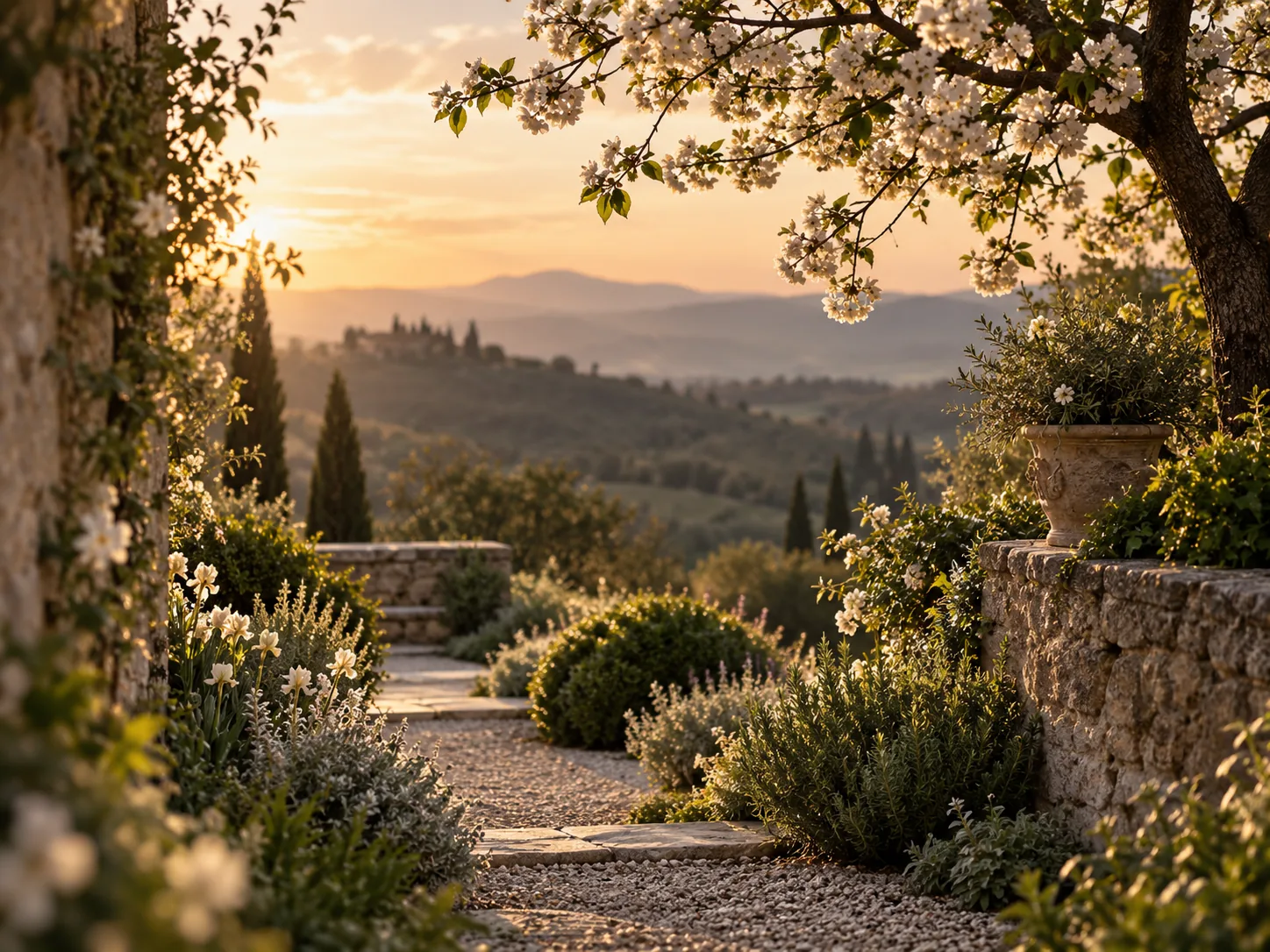 Flowering garden opening onto a wide landscape
