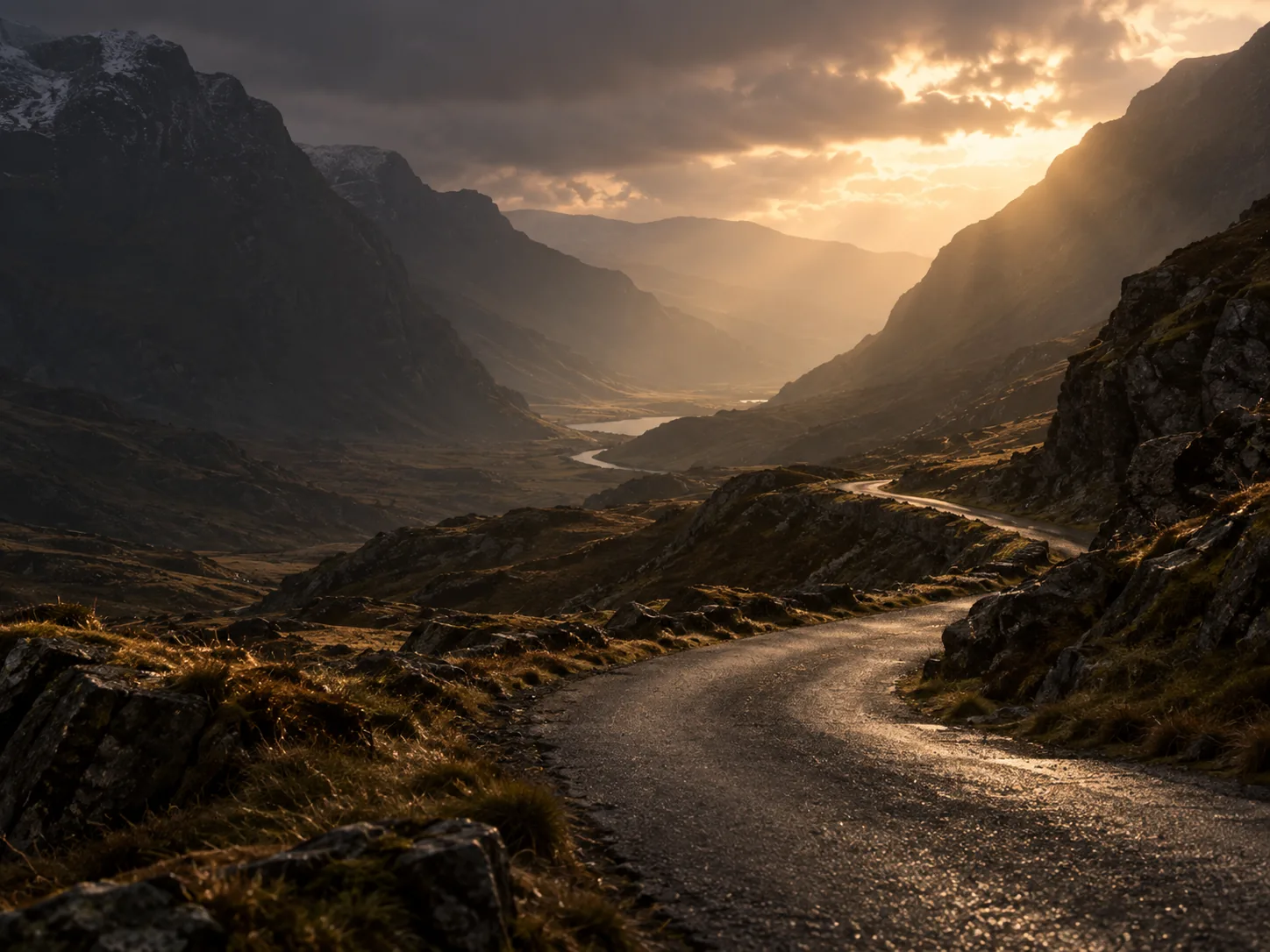 Mountain roads moving towards distant light