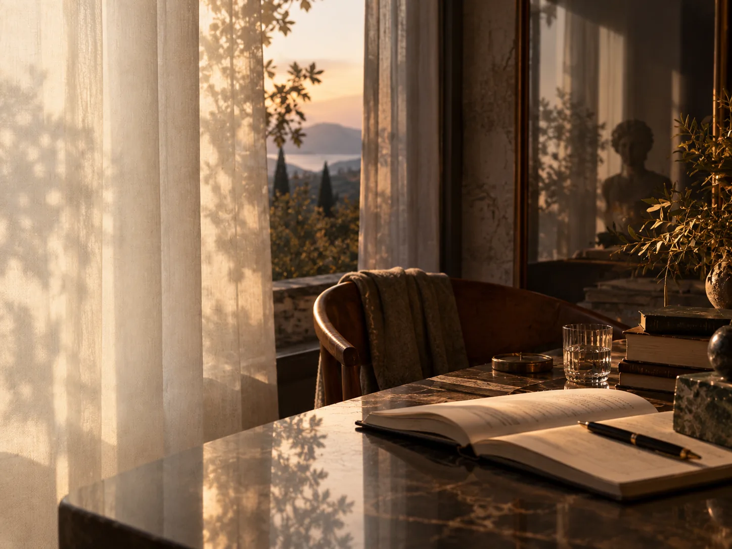 Quiet study with translucent curtains and reflected figure